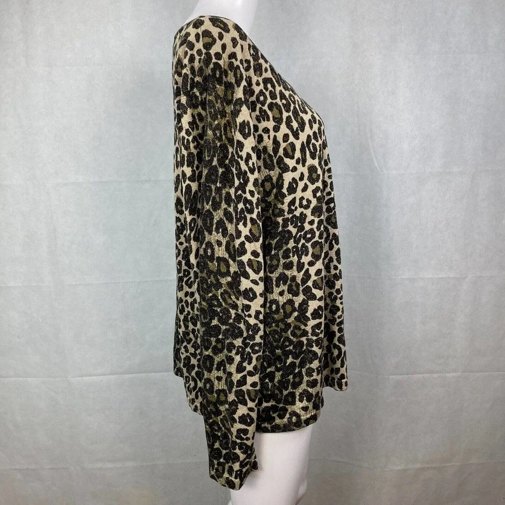 Nygard Collection Sweater Women Sz 1X Beige Black Metallic Knit Leopard Pullover